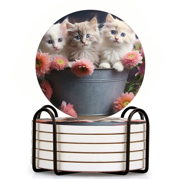 Bahomeck Drink Coasters Set Of 6 With Holder Three Cute Kittens With Blue Eyes Sitting In An Metal Bucket Water Absorbent Ceramic Coasters Tabletop Protection,Suitable For Various Cup,Home Decor