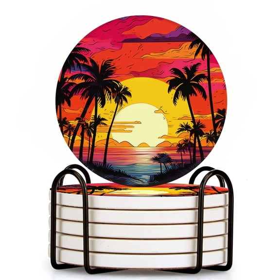 Bahomeck Drink Coasters Set Of 6 With Holder Vector Illustration Of Sunset On The Beach With Palm Trees Water Absorbent Ceramic Coasters Tabletop Protection,Suitable For Various Cup,Home Decor