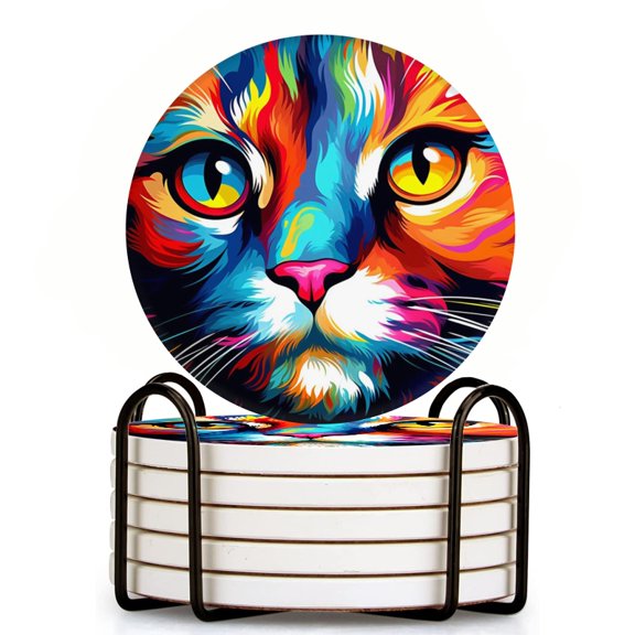 Bahomeck Drink Coasters Set Of 6 With Holder Vibrant And Colorful Cat Face With Expressive Eyes Water Absorbent Ceramic Coasters Tabletop Protection,Suitable For Various Cup,Home Decor