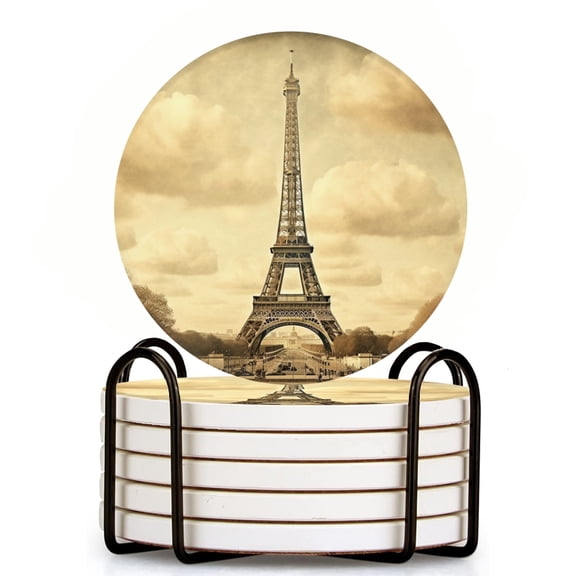 Bahomeck Drink Coasters Set Of 6 With Holder Vintage-Style Featuring The Eiffel Tower In Paris Water Absorbent Ceramic Coasters Tabletop Protection,Suitable For Various Cup,Home Decor