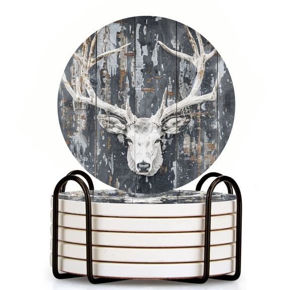 Bahomeck Drink Coasters Set Of 6 With Holder White Deer Head With Large Antlers On Old Wooden Wall Water Absorbent Ceramic Coasters Tabletop Protection,Suitable For Various Cup,Home Decor