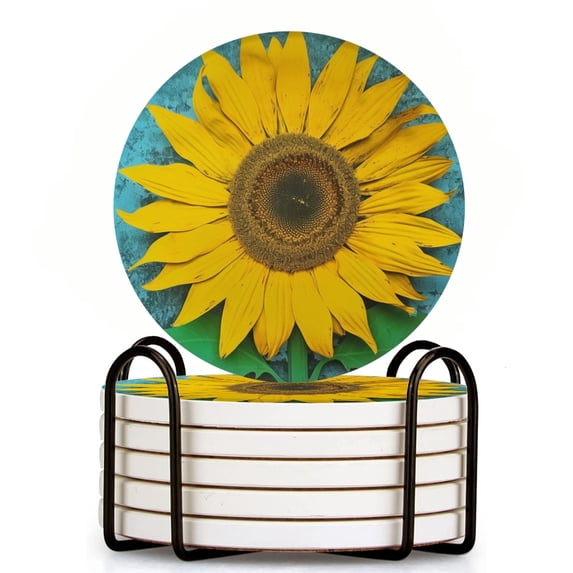 Bahomeck Drink Coasters Set Of 6 With Holder Yellow Sunflower With Green Leaves Water Absorbent Ceramic Coasters Tabletop Protection,Suitable For Various Cup,Home Decor