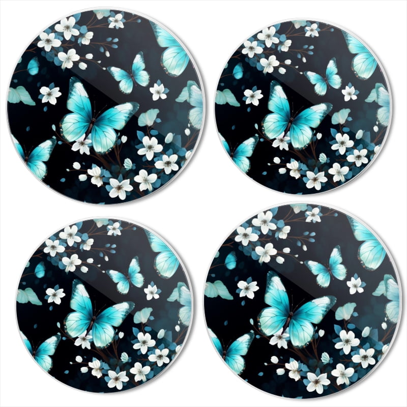 Bahomeck Electric Stove Burner Covers Set Of 4,Beautiful Turquoise Butterflies Flying Around White Flowers Metal Gas Stove Burner Covers,Protecting Gas Stoves,8 Inch And 10 Inch