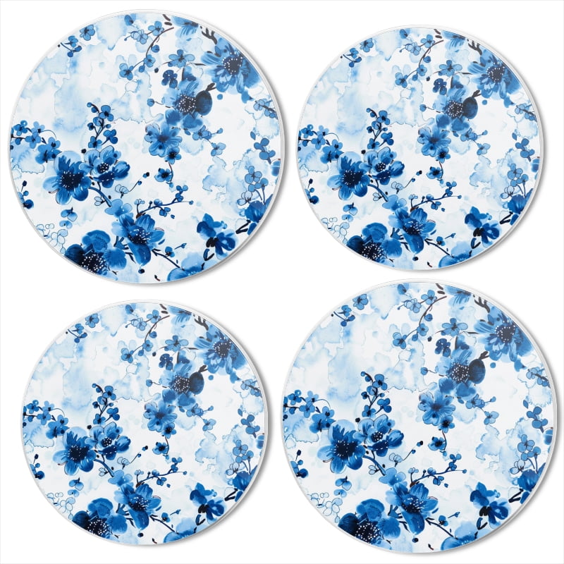 Bahomeck Electric Stove Burner Covers Set Of 4,Blue Ink Painting Of Floral Pattern Metal Gas Stove Burner Covers,Protecting Gas Stoves,8 Inch And 10 Inch