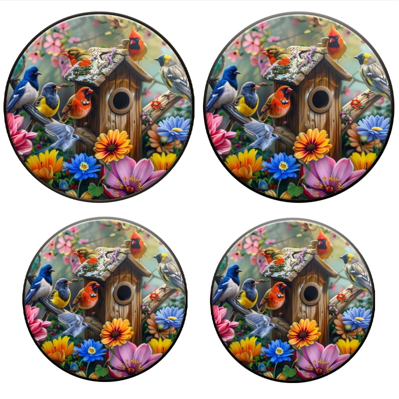 Bahomeck Electric Stove Burner Covers Set Of 4,Colorful Birdhouse With Various Birds Perched On Branches Metal Gas Stove Burner Covers,Protecting Gas Stoves,8 Inch And 10 Inch