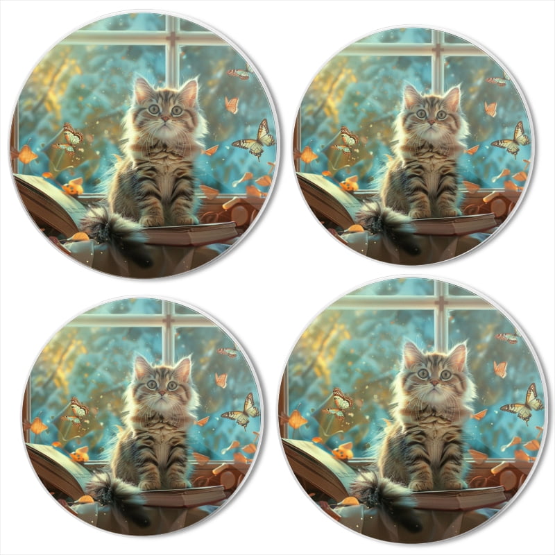 BaHomeck Electric Stove Burner Covers Set of 4,Round Metal Gas Stove Burner Covers 8 Inch and 10 Inch,Kitchen Decor,Cute Cat Sits On The Table Next To Open Book