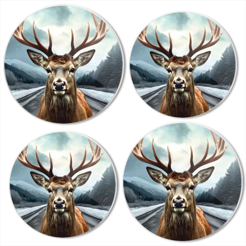 Bahomeck Electric Stove Burner Covers Set Of 4,Deer With Antlers Standing On The Side Of Empty Road Metal Gas Stove Burner Covers,Protecting Gas Stoves,8 Inch And 10 Inch