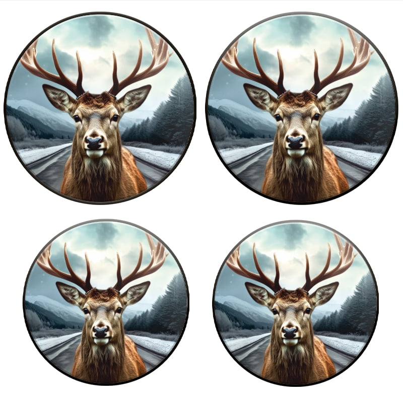 Bahomeck Electric Stove Burner Covers Set Of 4,Deer With Antlers Standing On The Side Of Empty Road Metal Gas Stove Burner Covers,Protecting Gas Stoves,8 Inch And 10 Inch