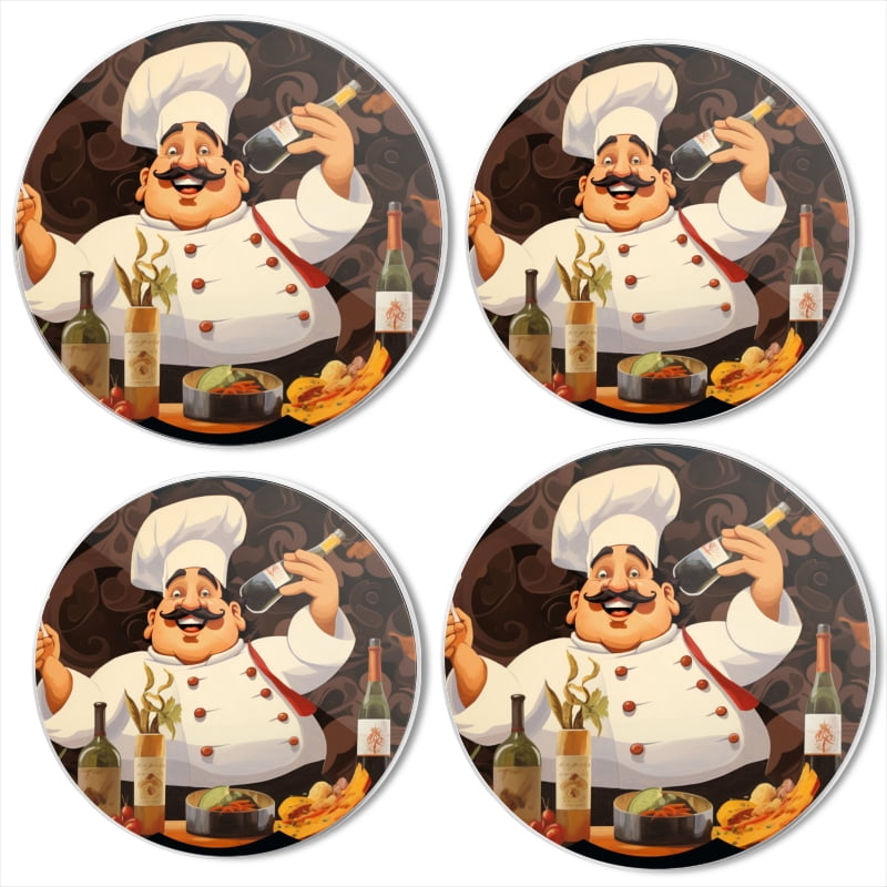 Bahomeck Electric Stove Burner Covers Set Of 4,Fat Happy Chef With Mustache Holding Wine Bottle And Fork In Front Metal Gas Stove Burner Covers,Protecting Gas Stoves,8 Inch And 10 Inch