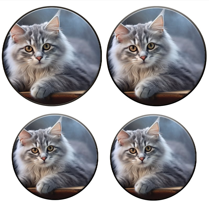 BaHomeck Electric Stove Burner Covers Set of 4,Round Metal Gas Stove Burner Covers 8 Inch and 10 Inch,Kitchen Decor,Grey Maine Coon Cat With White Paws And Face