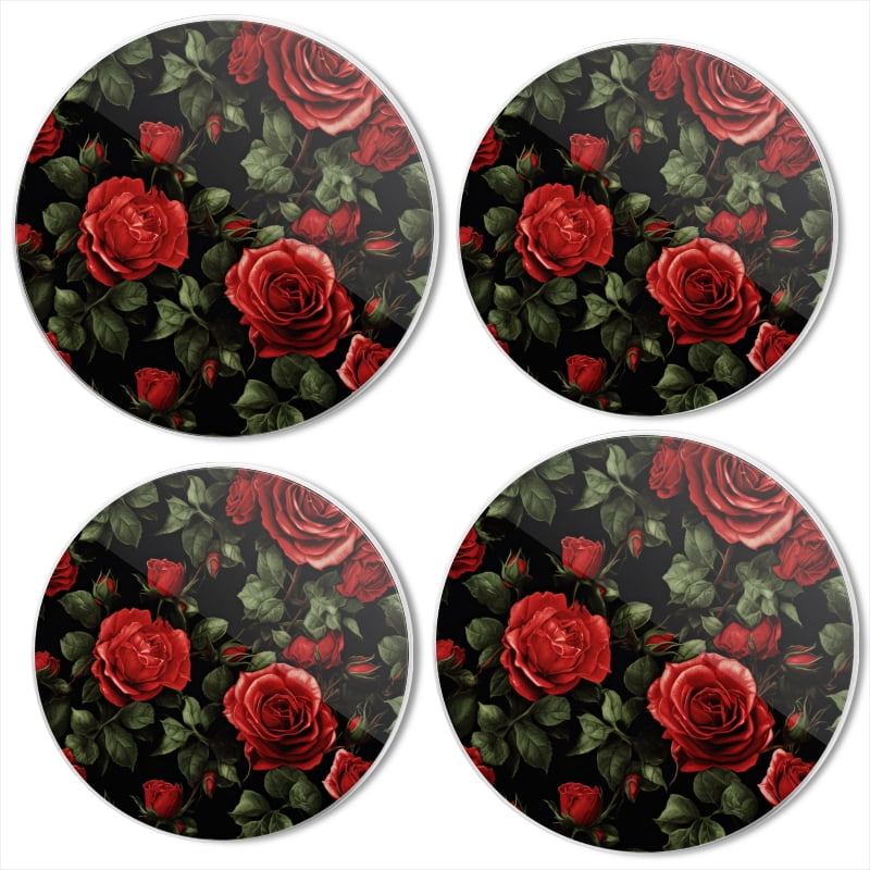 Bahomeck Electric Stove Burner Covers Set Of 4,Pattern Of Red Roses With Green Leaves On Black Background Metal Gas Stove Burner Covers,Protecting Gas Stoves,8 Inch And 10 Inch