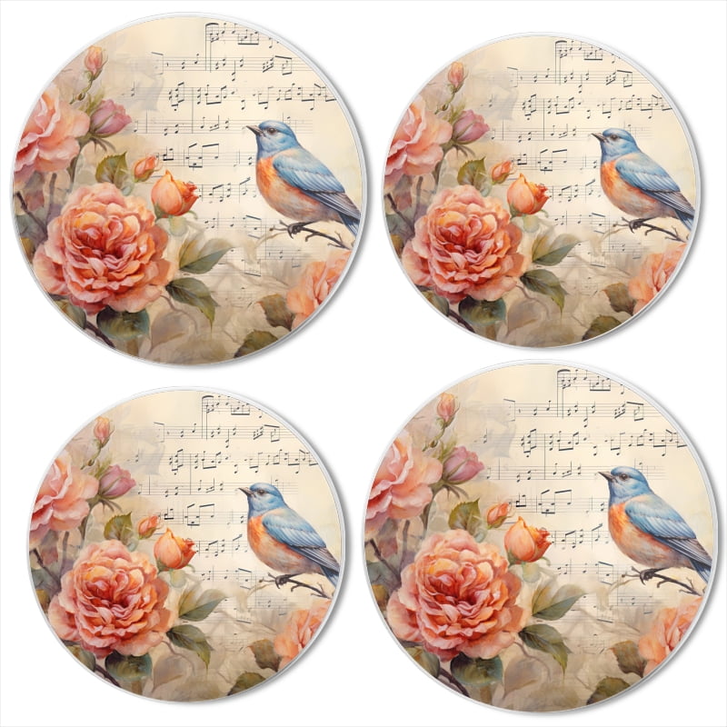 BaHomeck Electric Stove Burner Covers Set of 4,Round Metal Gas Stove Burner Covers 8 Inch and 10 Inch,Kitchen Decor,Roses And Blue Bird On Music Sheet Background