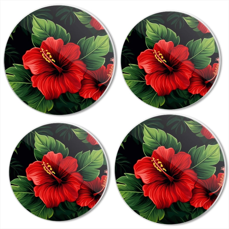 Bahomeck Electric Stove Burner Covers Set Of 4,Seamless Pattern Of Red Hibiscus Flowers With Green Leaves Metal Gas Stove Burner Covers,Protecting Gas Stoves,8 Inch And 10 Inch