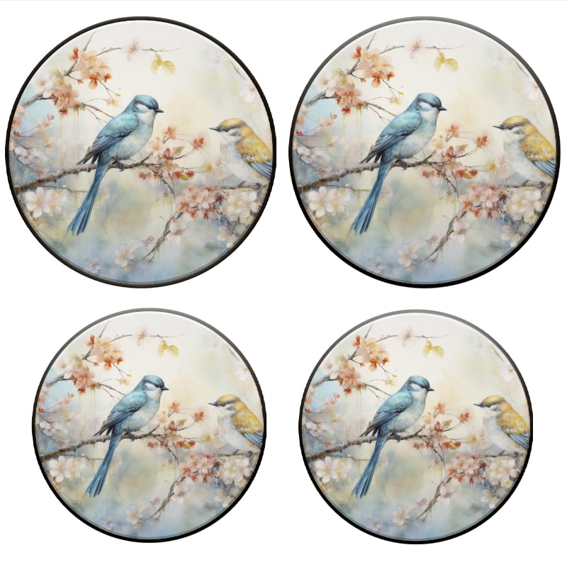 Bahomeck Electric Stove Burner Covers Set Of 4,Two Birds With Blue And Yellow Feathers Perched On Cherry Blossoms Metal Gas Stove Burner Covers,Protecting Gas Stoves,8 Inch And 10 Inch