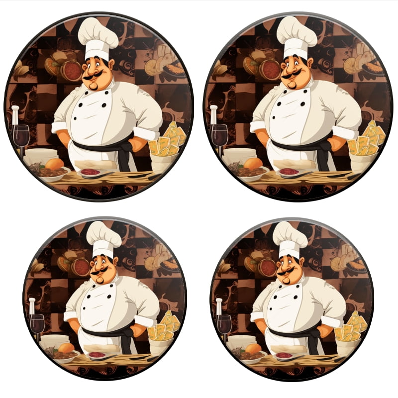 Bahomeck Gas Stove Burner Cover Set Of 4,Cartoon Chef Character Is Surrounded By Various Types Of Food Metal Electric Stove Burner Covers,Protecting Gas Stoves,Kitchen Decor，8 Inch And 10 Inch