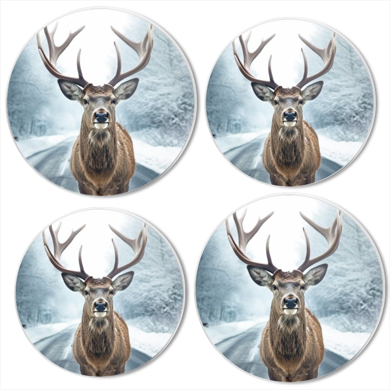 Bahomeck Gas Stove Burner Cover Set Of 4,Deer With Antlers Stands On The Side Of Icy Road Metal Electric Stove Burner Covers,Protecting Gas Stoves,Kitchen Decor，8 Inch And 10 Inch