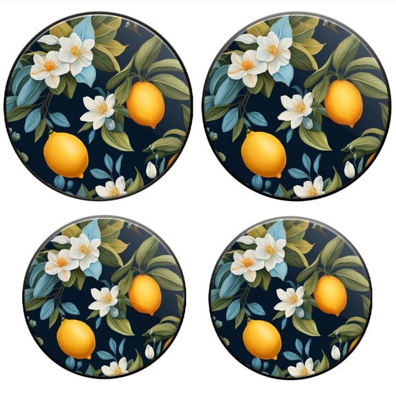 Bahomeck Gas Stove Burner Cover Set Of 4,Lemon And Jasmine Flowers On Navy Blue Background Metal Electric Stove Burner Covers,Protecting Gas Stoves,Kitchen Decor,8 Inch And 10 Inch