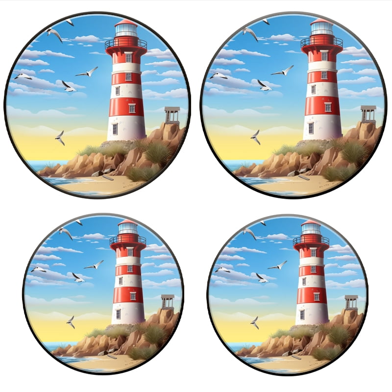 Bahomeck Gas Stove Burner Cover Set Of 4,Lighthouse On The Beach With Seagulls In The Sky Metal Electric Stove Burner Covers,Protecting Gas Stoves,Kitchen Decor，8 Inch And 10 Inch