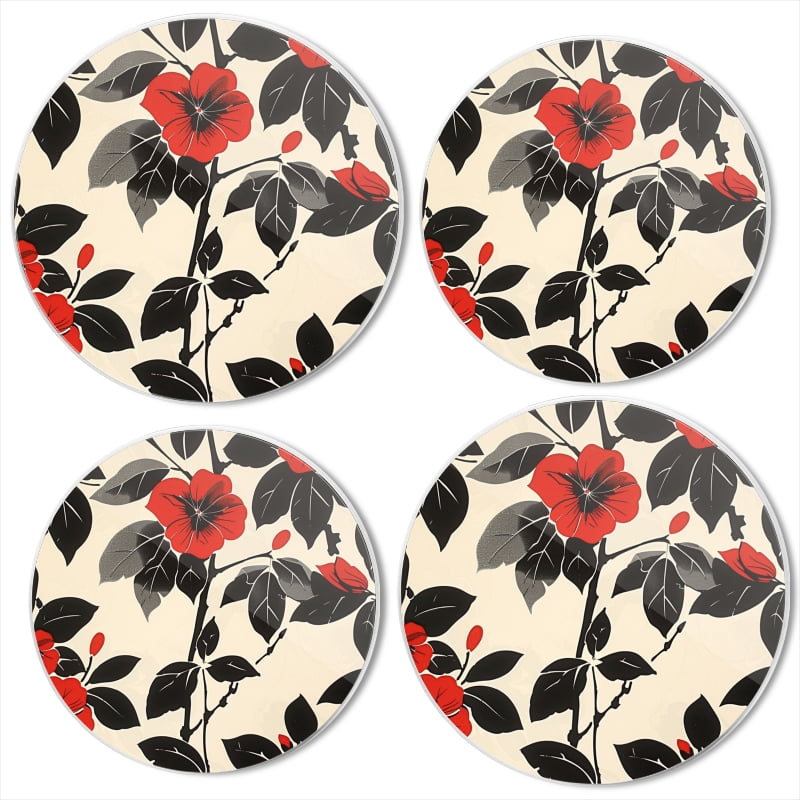 BaHomeck Electric Stove Burner Covers Set of 4,Round Metal Gas Stove Burner Covers 8 Inch and 10 Inch,Kitchen Decor,Red And Black Floral Design OnCream Background