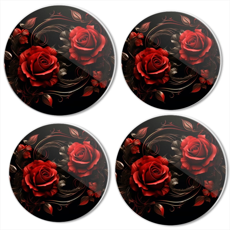 BaHomeck Electric Stove Burner Covers Set of 4,Round Metal Gas Stove Burner Covers 8 Inch and 10 Inch,Kitchen Decor,Render Of Red Roses With Swirls And Leaves On Black Background