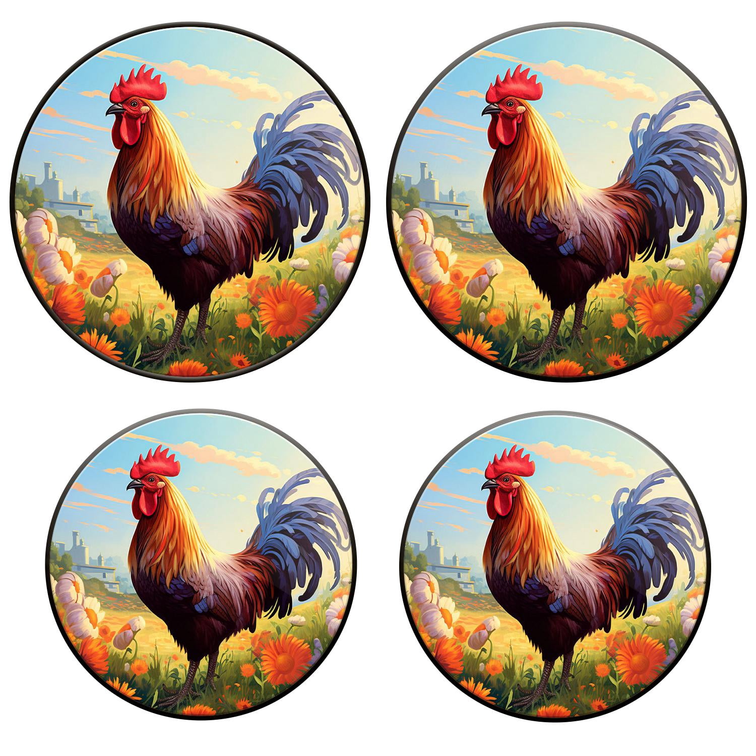Bahomeck Gas Stove Burner Cover Set of 4，The Rooster walking in the meadow flower Metal Stove Burner Covers，Electric Stove Burner Covers,Protecting Gas Stoves,Kitchen Decor，8 inches and 10 inches