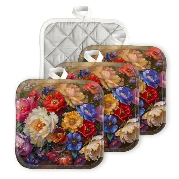 Bahomeck Heat Resistant Hot Pads 4 Pack Arrangement Of Beautiful Flowers Square Pot Holder For Kitchen Cooking Oven And Bbq Grill With Hanging Loop Potholder Machine Washable