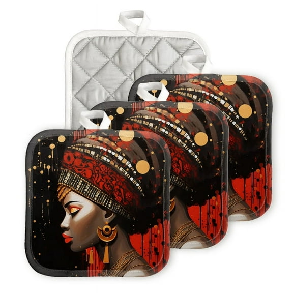 BaHomeck Pot Holders 4pcs dacron Made Square heat-resisting mat Machine Washable for Kitchen Oven Hot Pads 6.7inch*6.7inch,Beautiful African Queen