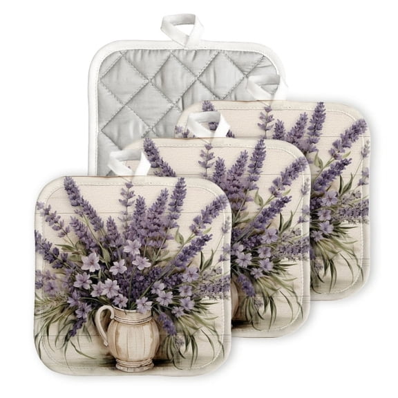 Bahomeck Heat Resistant Hot Pads 4 Pack Beautiful Arrangement Of Lavender In Antique Jug Square Pot Holder For Kitchen Cooking Oven And Bbq Grill With Hanging Loop Potholder Machine Washable