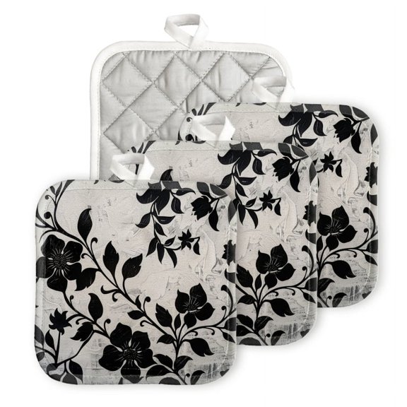 Bahomeck Heat Resistant Hot Pads 4 Pack Beautiful Hand Drawn Black And White Floral Pattern Square Pot Holder For Kitchen Cooking Oven And Bbq Grill With Hanging Loop Potholder Machine Washable