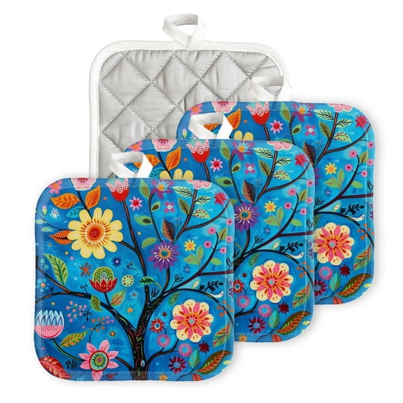 Bahomeck Heat Resistant Hot Pads 4 Pack Beautiful Tree Of Life With Many Flowers Square Pot Holder For Kitchen Cooking Oven And Bbq Grill With Hanging Loop Potholder Machine Washable