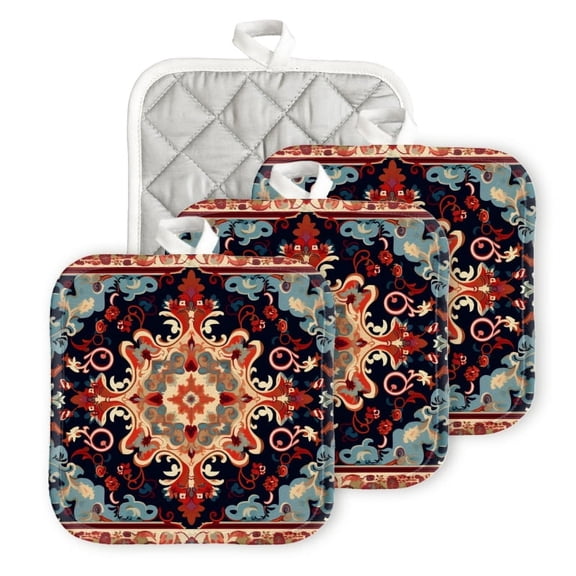 Bahomeck Heat Resistant Hot Pads 4 Pack Carpet Design With Traditional Chinese Patterns Square Pot Holder For Kitchen Cooking Oven And Bbq Grill With Hanging Loop Potholder Machine Washable