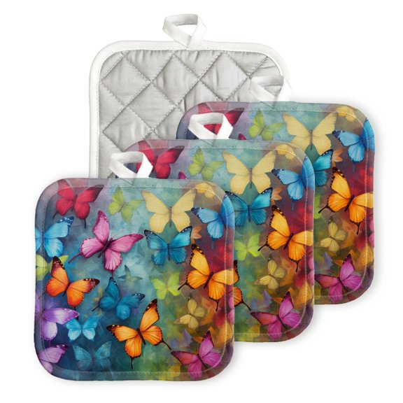 Bahomeck Pot Holder 4Pcs,Colorful Butterflies In Flight With Rich Colors Square Heat Resistant Hot Pads For Kitchen Cooking Oven With Hanging Loop Potholder Easy To Store