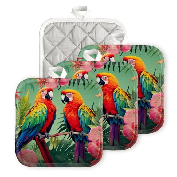 Bahomeck Heat Resistant Hot Pads 4 Pack Colorful Parrots Sitting On Tropical Flowers Square Pot Holder For Kitchen Cooking Oven And Bbq Grill With Hanging Loop Potholder Machine Washable