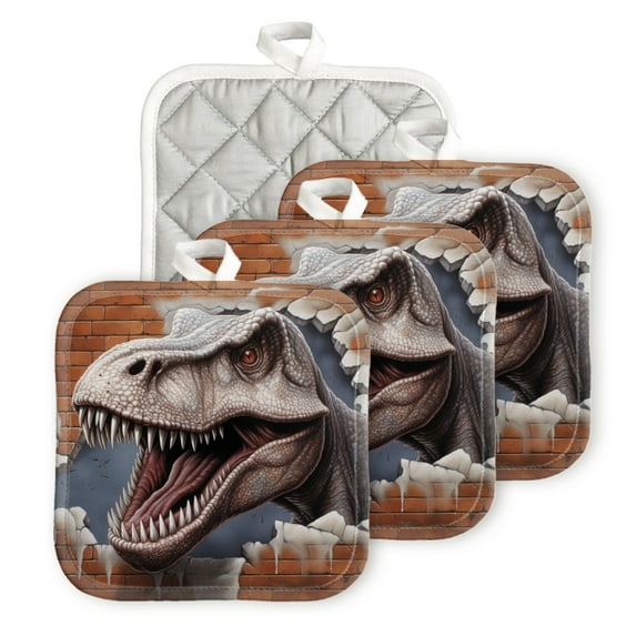 BaHomeck Pot Holders 4pcs dacron Made Square heat-resisting mat Machine Washable for Kitchen Oven Hot Pads 6.7inch*6.7inch,Dinosaur T-Rex Face Breaking Through Red Brick Wall