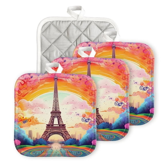 Bahomeck Heat Resistant Hot Pads 4 Pack Eiffel Tower In The Styleart Square Pot Holder For Kitchen Cooking Oven And Bbq Grill With Hanging Loop Potholder Machine Washable