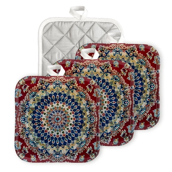 Bahomeck Heat Resistant Hot Pads 4 Pack An Intricate Geometric Pattern Square Pot Holder For Kitchen Cooking Oven And Bbq Grill With Hanging Loop Potholder Machine Washable