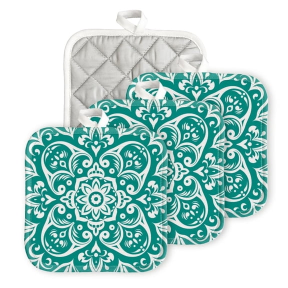 Bahomeck Heat Resistant Hot Pads 4 Pack Mandala On Turquoise Background Square Pot Holder For Kitchen Cooking Oven And Bbq Grill With Hanging Loop Potholder Machine Washable