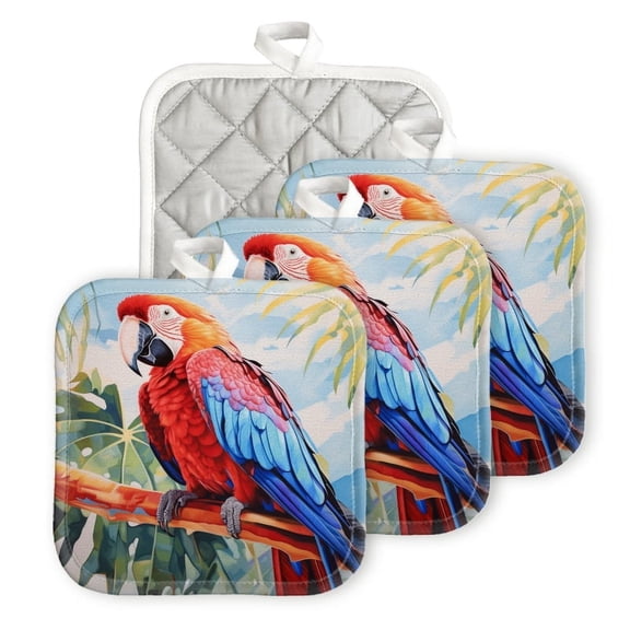 Bahomeck Heat Resistant Hot Pads 4 Pack Red Parrot Sitting On The Branch Of Palm Tree Square Pot Holder For Kitchen Cooking Oven And Bbq Grill With Hanging Loop Potholder Machine Washable