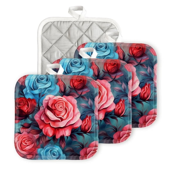 Bahomeck Heat Resistant Hot Pads 4 Pack Red And Pink Roses With Blue Accents Square Pot Holder For Kitchen Cooking Oven And Bbq Grill With Hanging Loop Potholder Machine Washable