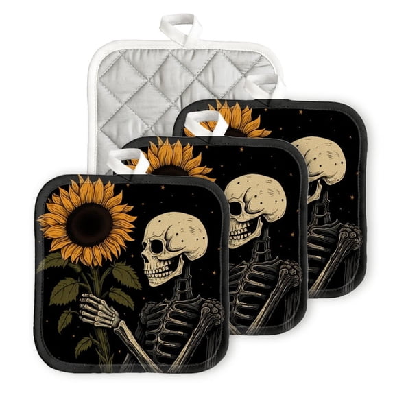 Bahomeck Heat Resistant Hot Pads 4 Pack Skeleton Holdingsunflower On Dark Backgroud Square Pot Holder For Kitchen Cooking Oven And Bbq Grill With Hanging Loop Potholder Machine Washable