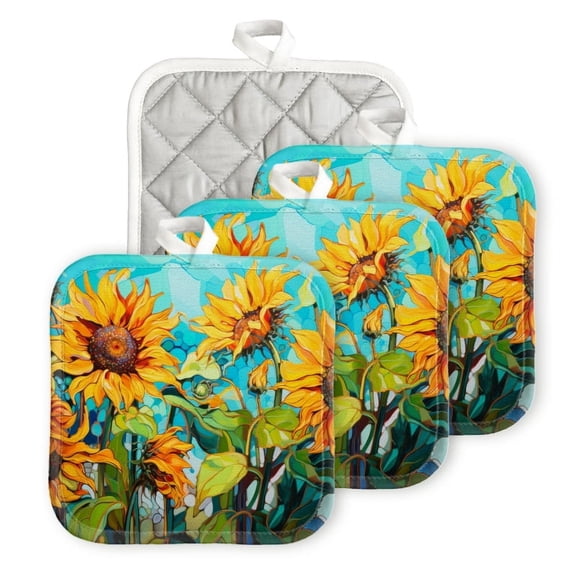 Bahomeck Heat Resistant Hot Pads 4 Pack Sunflowers In The Style Of Stained Glass Square Pot Holder For Kitchen Cooking Oven And Bbq Grill With Hanging Loop Potholder Machine Washable