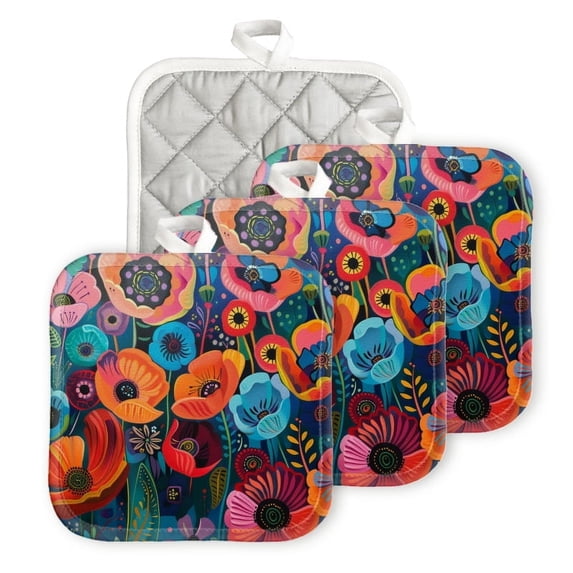 Bahomeck Heat Resistant Hot Pads 4 Pack Vibrant And Colorful Painting Of Poppies Square Pot Holder For Kitchen Cooking Oven And Bbq Grill With Hanging Loop Potholder Machine Washable