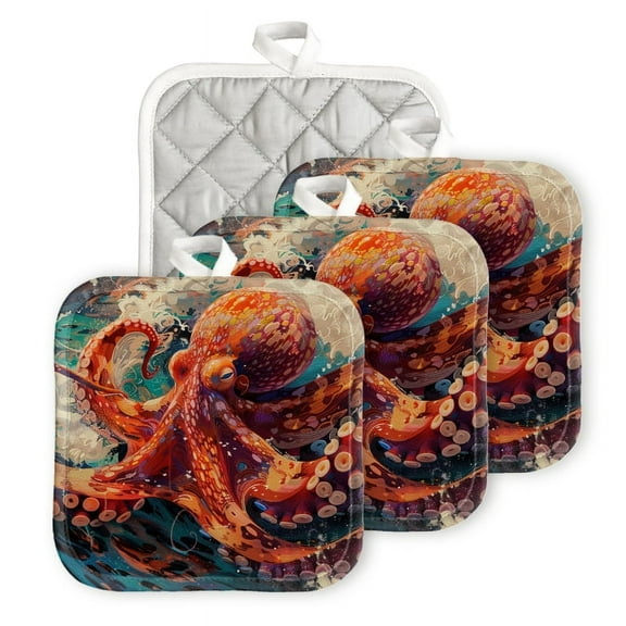 Bahomeck Heat Resistant Hot Pads 4 Pack Vibrant Octopus Gracefully Gliding Through The Waves Square Pot Holder For Kitchen Cooking Oven And Bbq Grill With Hanging Loop Potholder Machine Washable