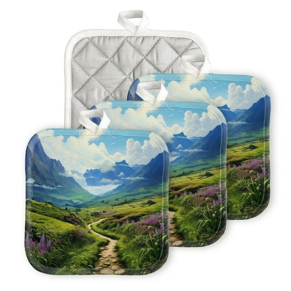 Bahomeck Heat Resistant Hot Pads 4 Pack Winding Path Leading Through Lush Green Meadows Square Pot Holder For Kitchen Cooking Oven And Bbq Grill With Hanging Loop Potholder Machine Washable
