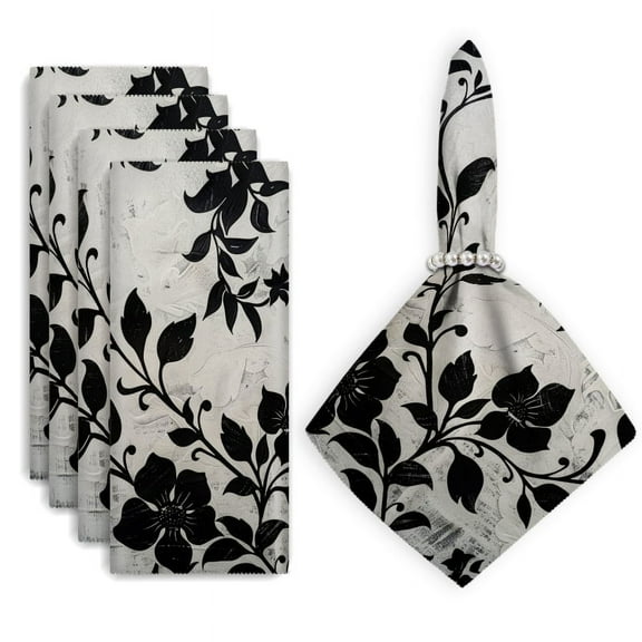 Bahomeck Napkins Set Of 4 Reusable Washable Square Fabric Dining Table Napkins Weddings Party Dinner Decor,18*18 Inch,Beautiful Hand Drawn Black And White Floral Pattern