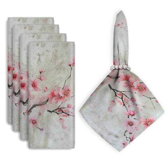 Bahomeck Napkins Set Of 4 Reusable Washable Square Fabric Dining Table Napkins Weddings Party Dinner Decor,18*18 Inch,Beautiful Pink Cherry Blossom Painting On Textured Paper