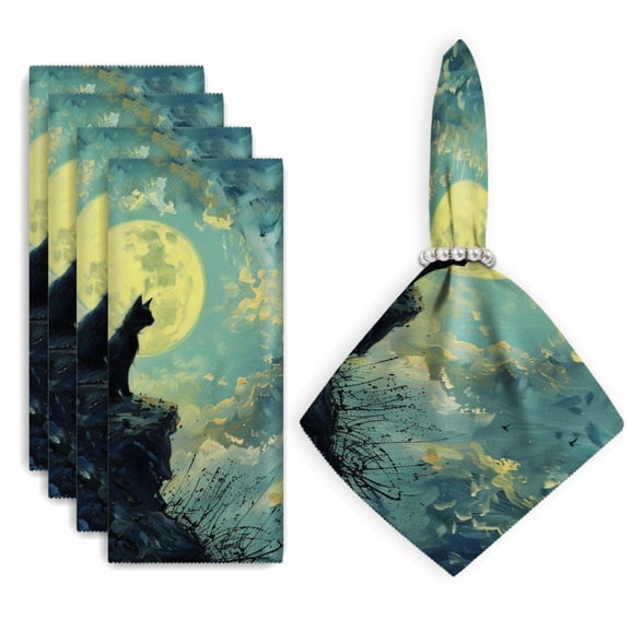Bahomeck Napkins Set Of 4 Reusable Washable Square Fabric Dining Table Napkins Weddings Party Dinner Decor,18*18 Inch,Black Cat Sits On The Edge Of Cliff And Gazing At The Full Moon