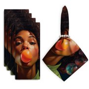 Bahomeck Napkins Set Of 4 Reusable Washable Square Fabric Dining Table Napkins Weddings Party Dinner Decor,18*18 Inch,Black Woman With Curly Hair Blowing Large Orange Bubble Gum