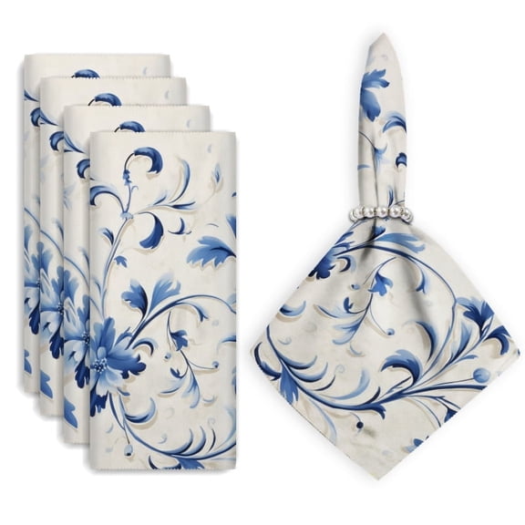 Bahomeck Napkins Set Of 4 Reusable Washable Square Fabric Dining Table Napkins Weddings Party Dinner Decor,18*18 Inch,Blue And White Floral Pattern With Hand-Painted Style