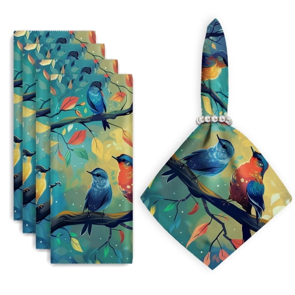 Bahomeck Napkins Set Of 4 Reusable Washable Square Fabric Dining Table Napkins Weddings Party Dinner Decor,18*18 Inch,Colorful Cartoon Birds Sitting On Tree Branches